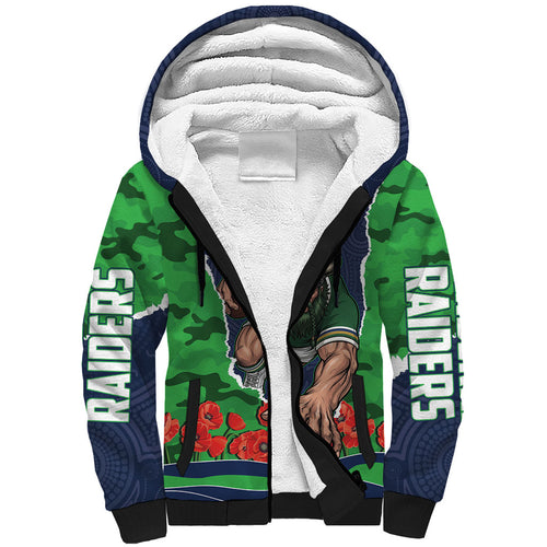 Personalized Canberra Raiders ANZAC Tribute Sherpa Hoodie Poppy Field Soldier Silhouette Aboriginal Rugby Mascot