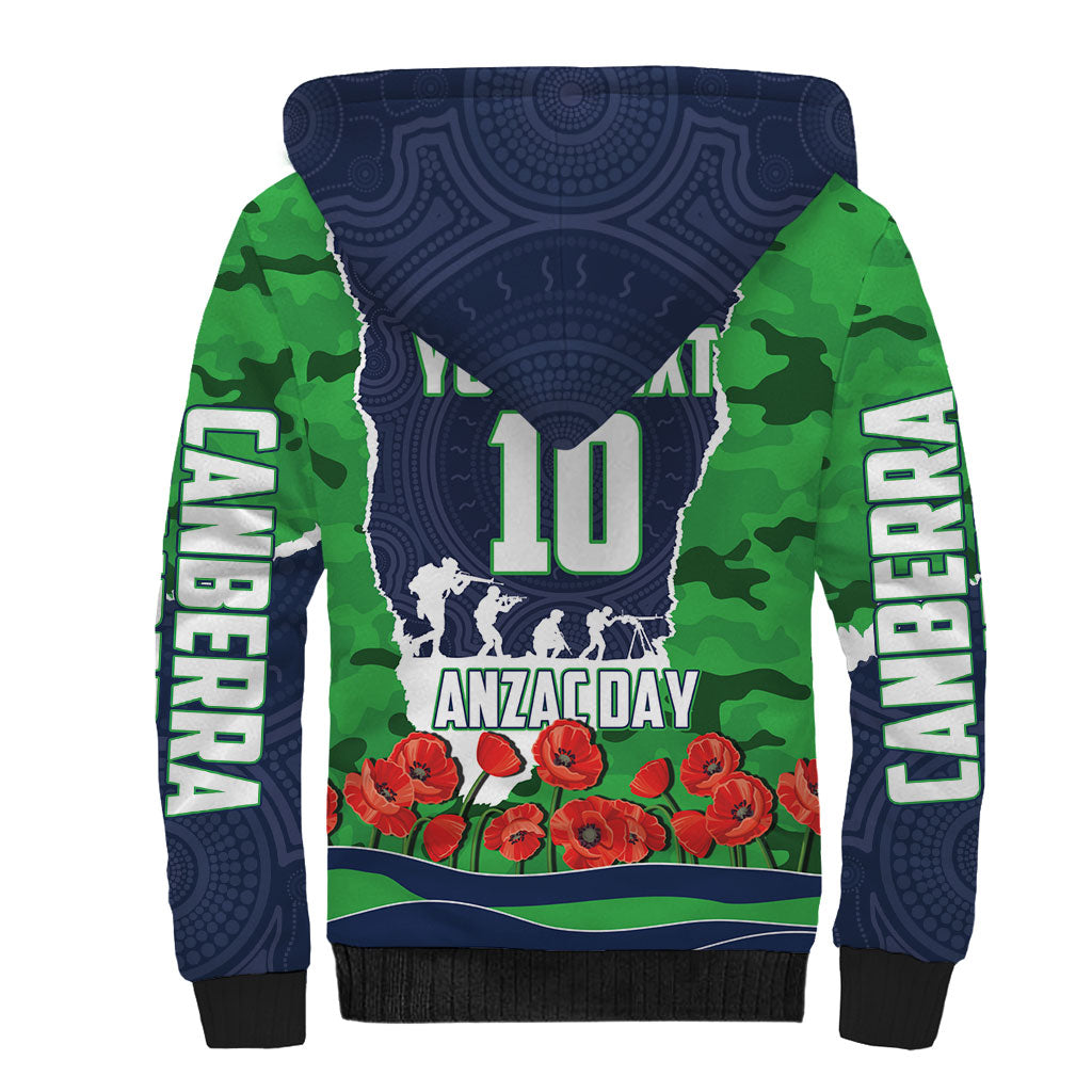 Personalized Canberra Raiders ANZAC Tribute Sherpa Hoodie Poppy Field Soldier Silhouette Aboriginal Rugby Mascot