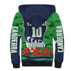 Personalized Canberra Raiders ANZAC Tribute Sherpa Hoodie Poppy Field Soldier Silhouette Aboriginal Rugby Mascot