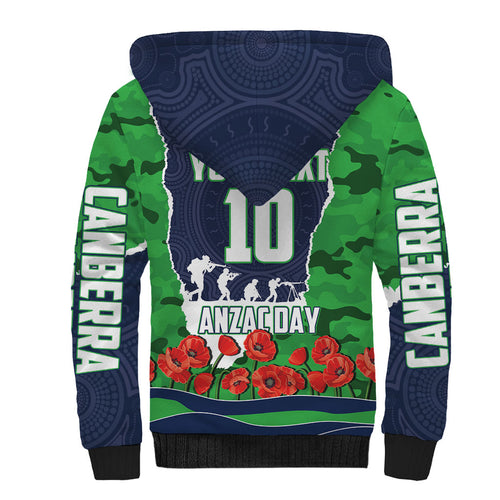 Personalized Canberra Raiders ANZAC Tribute Sherpa Hoodie Poppy Field Soldier Silhouette Aboriginal Rugby Mascot