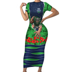 Personalized Canberra Raiders ANZAC Tribute Short Sleeve Bodycon Dress Poppy Field Soldier Silhouette Aboriginal Rugby Mascot