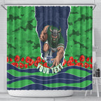 Personalized Canberra Raiders ANZAC Tribute Shower Curtain Poppy Field Soldier Silhouette Aboriginal Rugby Mascot