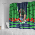 Personalized Canberra Raiders ANZAC Tribute Shower Curtain Poppy Field Soldier Silhouette Aboriginal Rugby Mascot