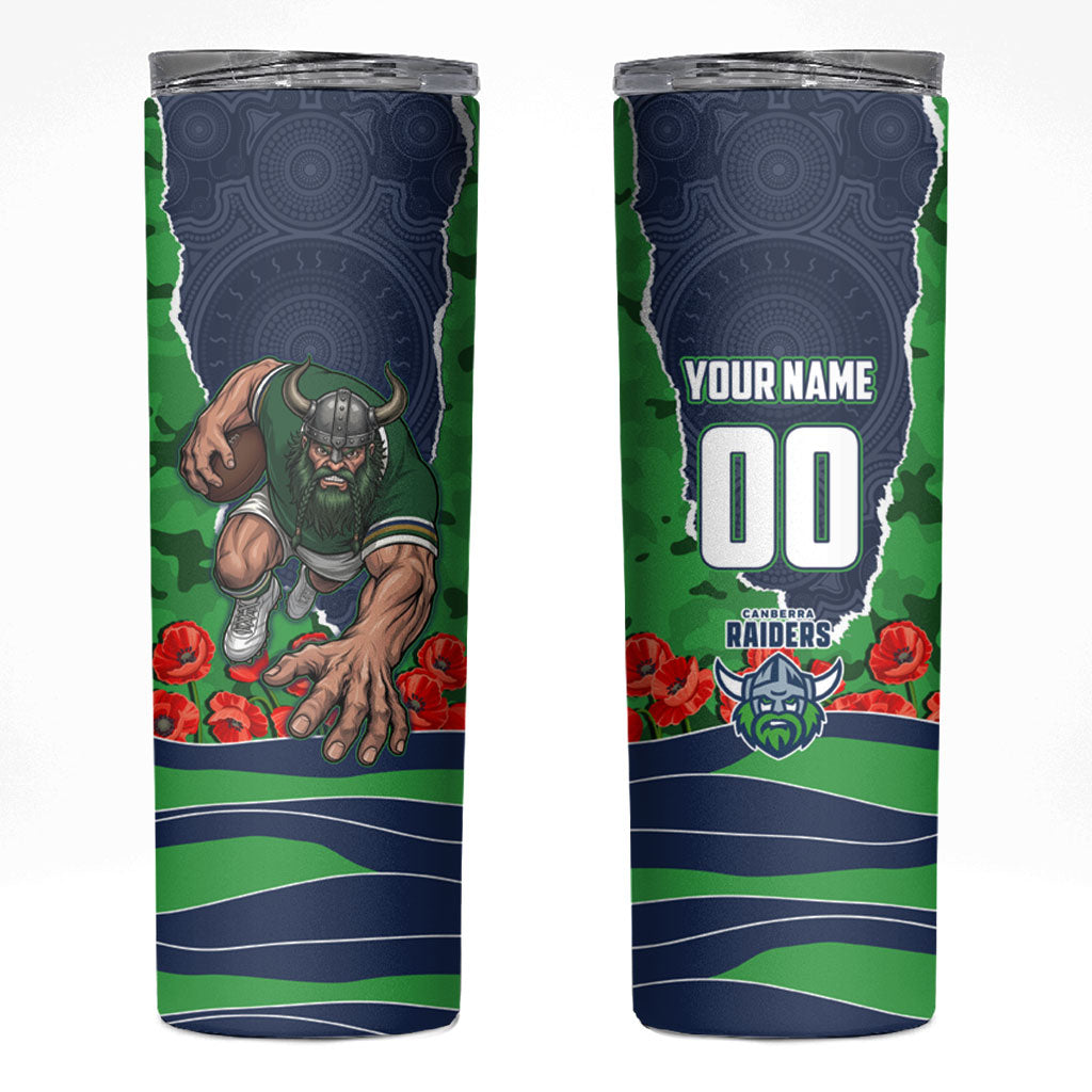 Personalized Canberra Raiders ANZAC Tribute Skinny Tumbler Poppy Field Soldier Silhouette Aboriginal Rugby Mascot