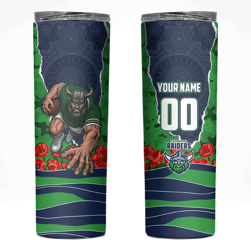 Personalized Canberra Raiders ANZAC Tribute Skinny Tumbler Poppy Field Soldier Silhouette Aboriginal Rugby Mascot