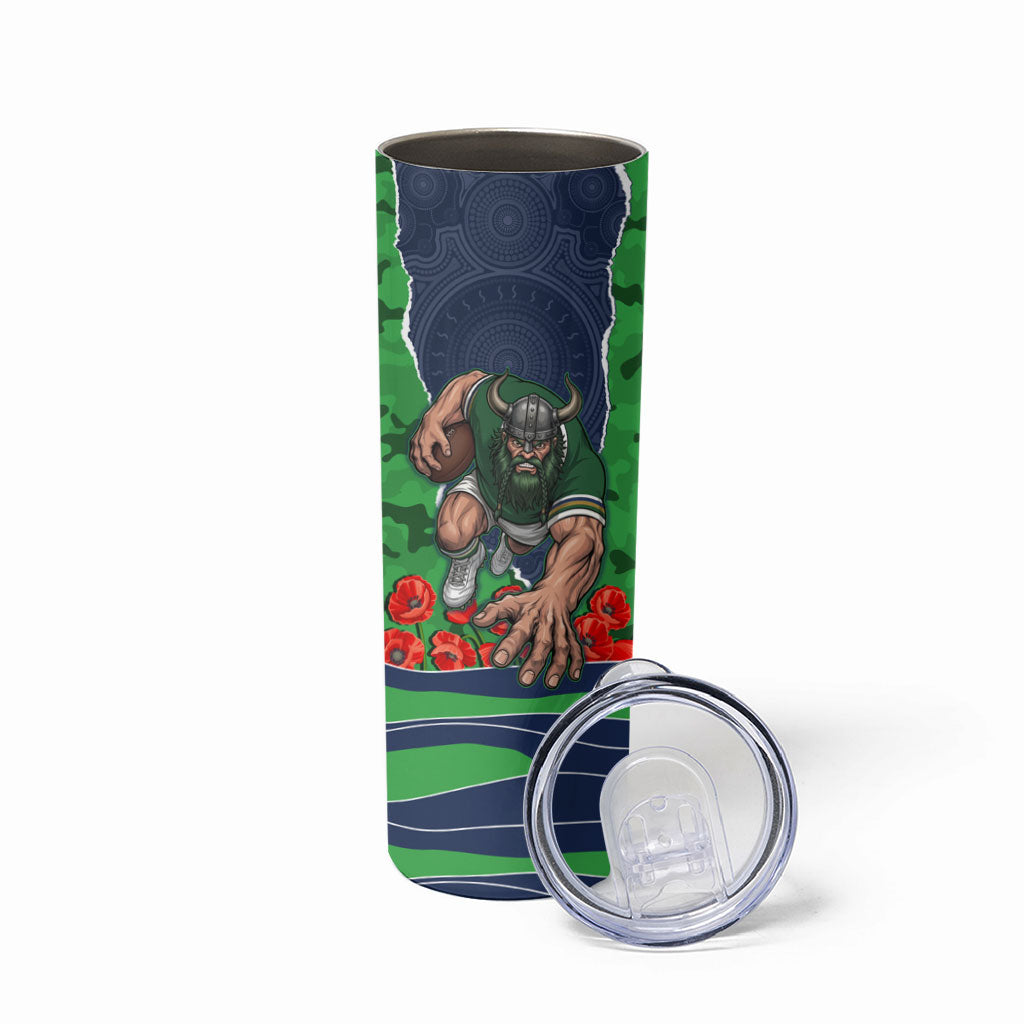 Personalized Canberra Raiders ANZAC Tribute Skinny Tumbler Poppy Field Soldier Silhouette Aboriginal Rugby Mascot