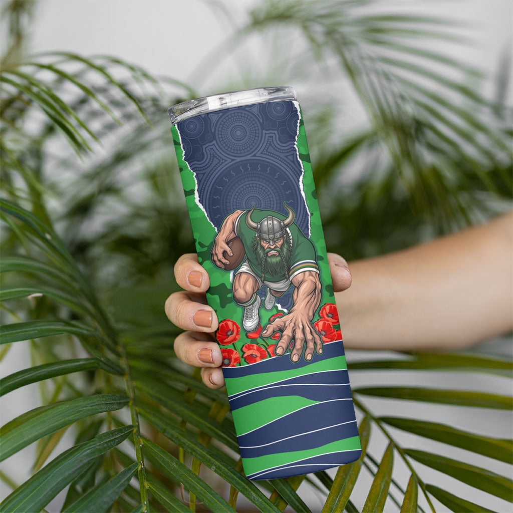 Personalized Canberra Raiders ANZAC Tribute Skinny Tumbler Poppy Field Soldier Silhouette Aboriginal Rugby Mascot