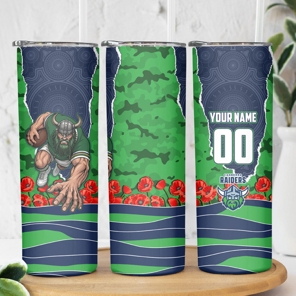Personalized Canberra Raiders ANZAC Tribute Skinny Tumbler Poppy Field Soldier Silhouette Aboriginal Rugby Mascot