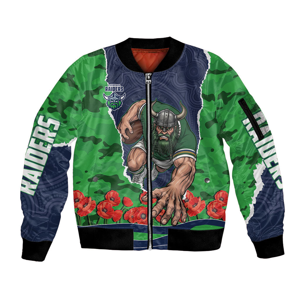 Personalized Canberra Raiders ANZAC Tribute Sleeve Zip Bomber Jacket Poppy Field Soldier Silhouette Aboriginal Rugby Mascot
