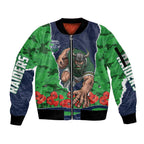Personalized Canberra Raiders ANZAC Tribute Sleeve Zip Bomber Jacket Poppy Field Soldier Silhouette Aboriginal Rugby Mascot