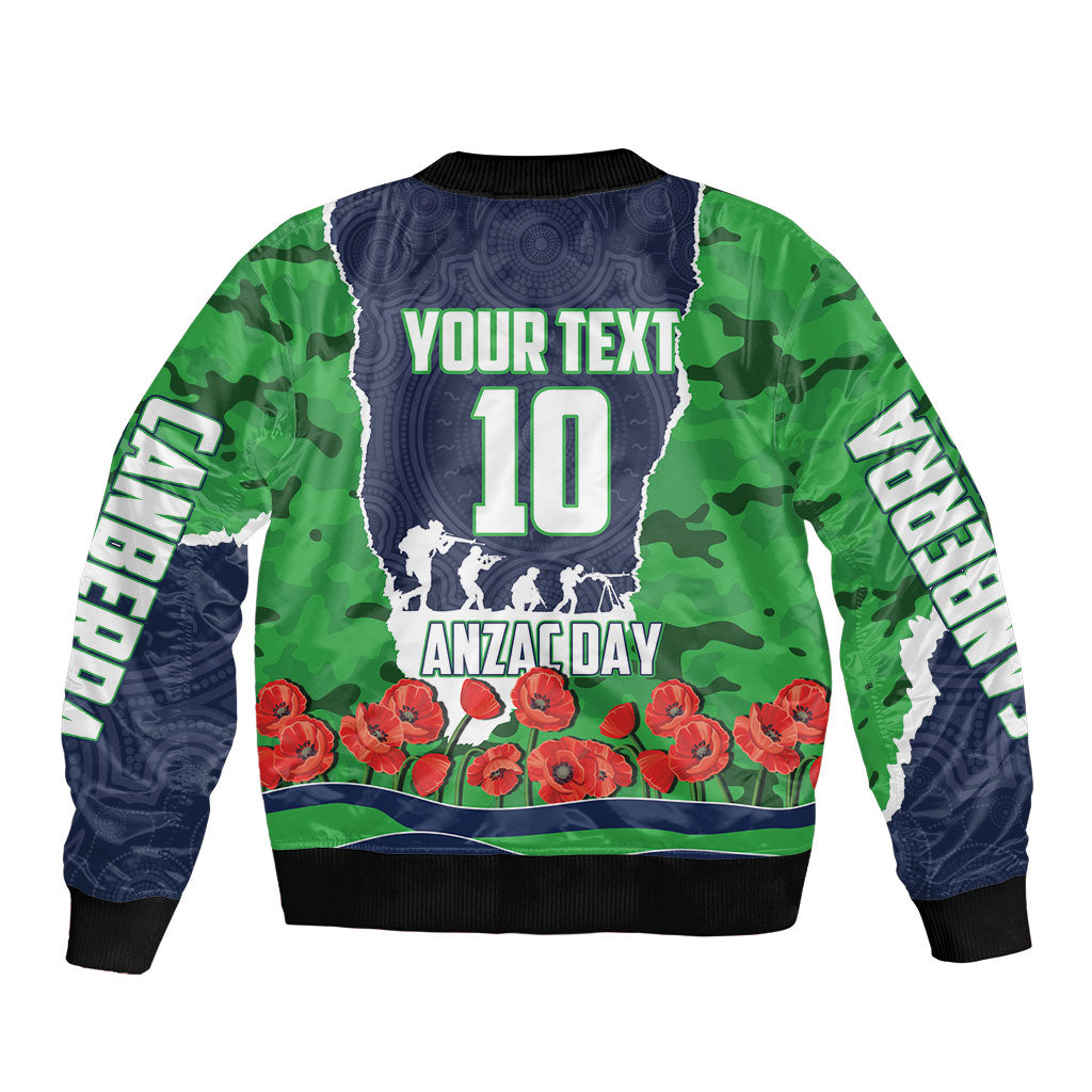 Personalized Canberra Raiders ANZAC Tribute Sleeve Zip Bomber Jacket Poppy Field Soldier Silhouette Aboriginal Rugby Mascot
