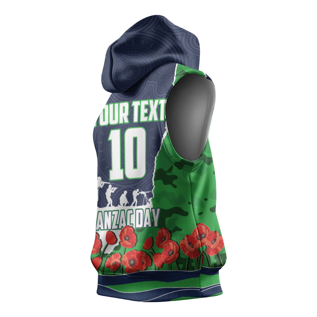 Personalized Canberra Raiders ANZAC Tribute Sleeveless Hoodie Poppy Field Soldier Silhouette Aboriginal Rugby Mascot