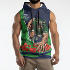 Personalized Canberra Raiders ANZAC Tribute Sleeveless Hoodie Poppy Field Soldier Silhouette Aboriginal Rugby Mascot