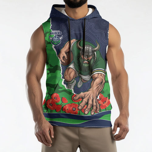 Personalized Canberra Raiders ANZAC Tribute Sleeveless Hoodie Poppy Field Soldier Silhouette Aboriginal Rugby Mascot