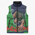 Personalized Canberra Raiders ANZAC Tribute Sleeveless Puffer Jacket Poppy Field Soldier Silhouette Aboriginal Rugby Mascot