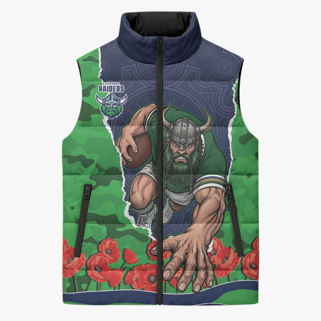 Personalized Canberra Raiders ANZAC Tribute Sleeveless Puffer Jacket Poppy Field Soldier Silhouette Aboriginal Rugby Mascot