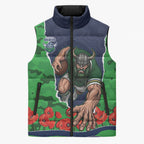 Personalized Canberra Raiders ANZAC Tribute Sleeveless Puffer Jacket Poppy Field Soldier Silhouette Aboriginal Rugby Mascot