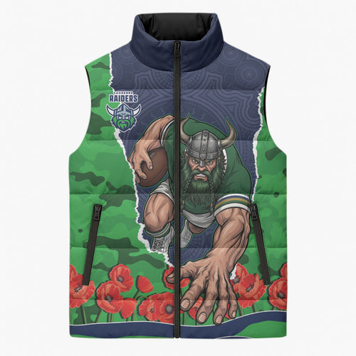 Personalized Canberra Raiders ANZAC Tribute Sleeveless Puffer Jacket Poppy Field Soldier Silhouette Aboriginal Rugby Mascot