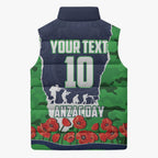 Personalized Canberra Raiders ANZAC Tribute Sleeveless Puffer Jacket Poppy Field Soldier Silhouette Aboriginal Rugby Mascot