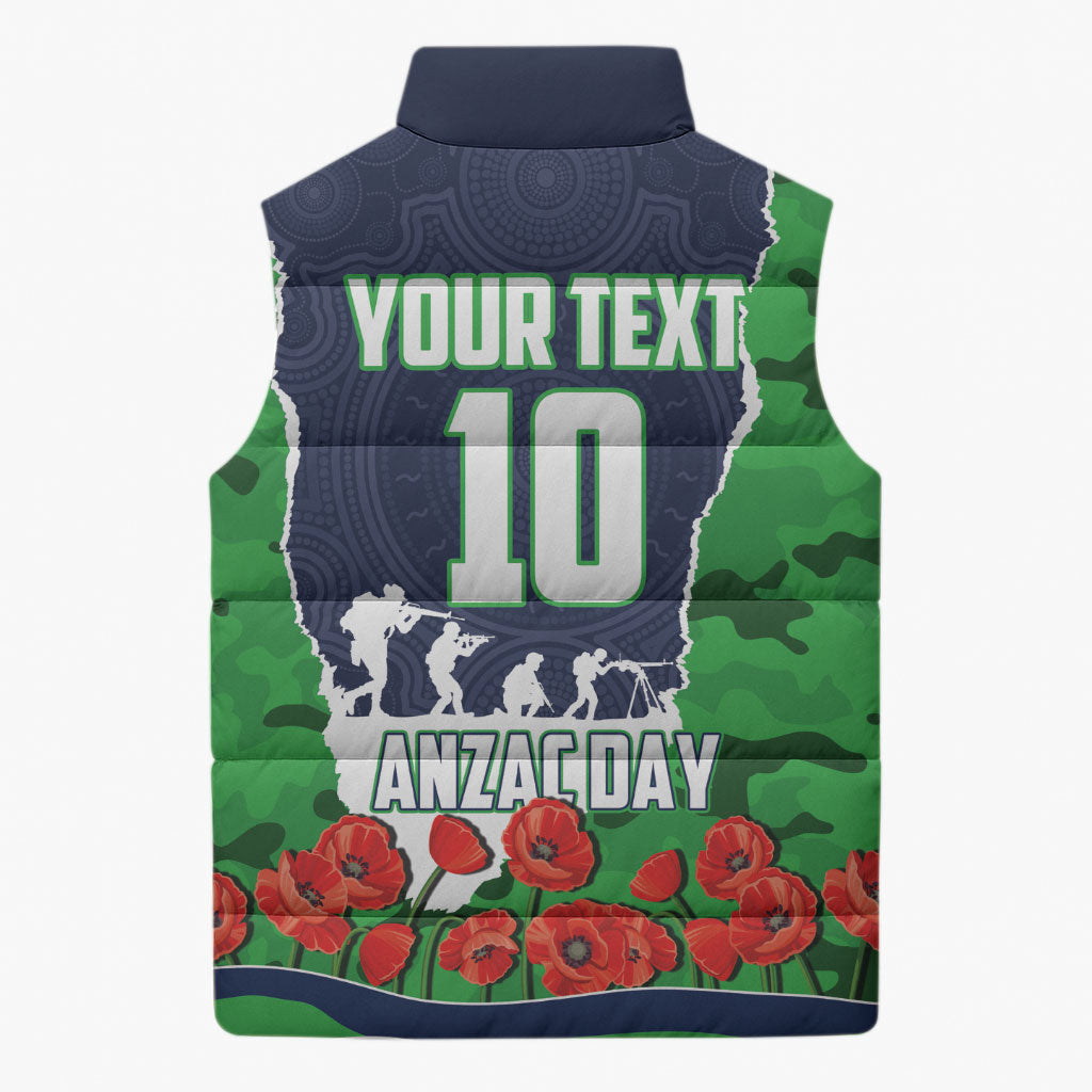 Personalized Canberra Raiders ANZAC Tribute Sleeveless Puffer Jacket Poppy Field Soldier Silhouette Aboriginal Rugby Mascot