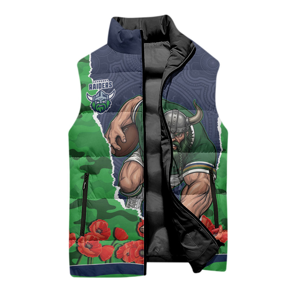 Personalized Canberra Raiders ANZAC Tribute Sleeveless Puffer Jacket Poppy Field Soldier Silhouette Aboriginal Rugby Mascot