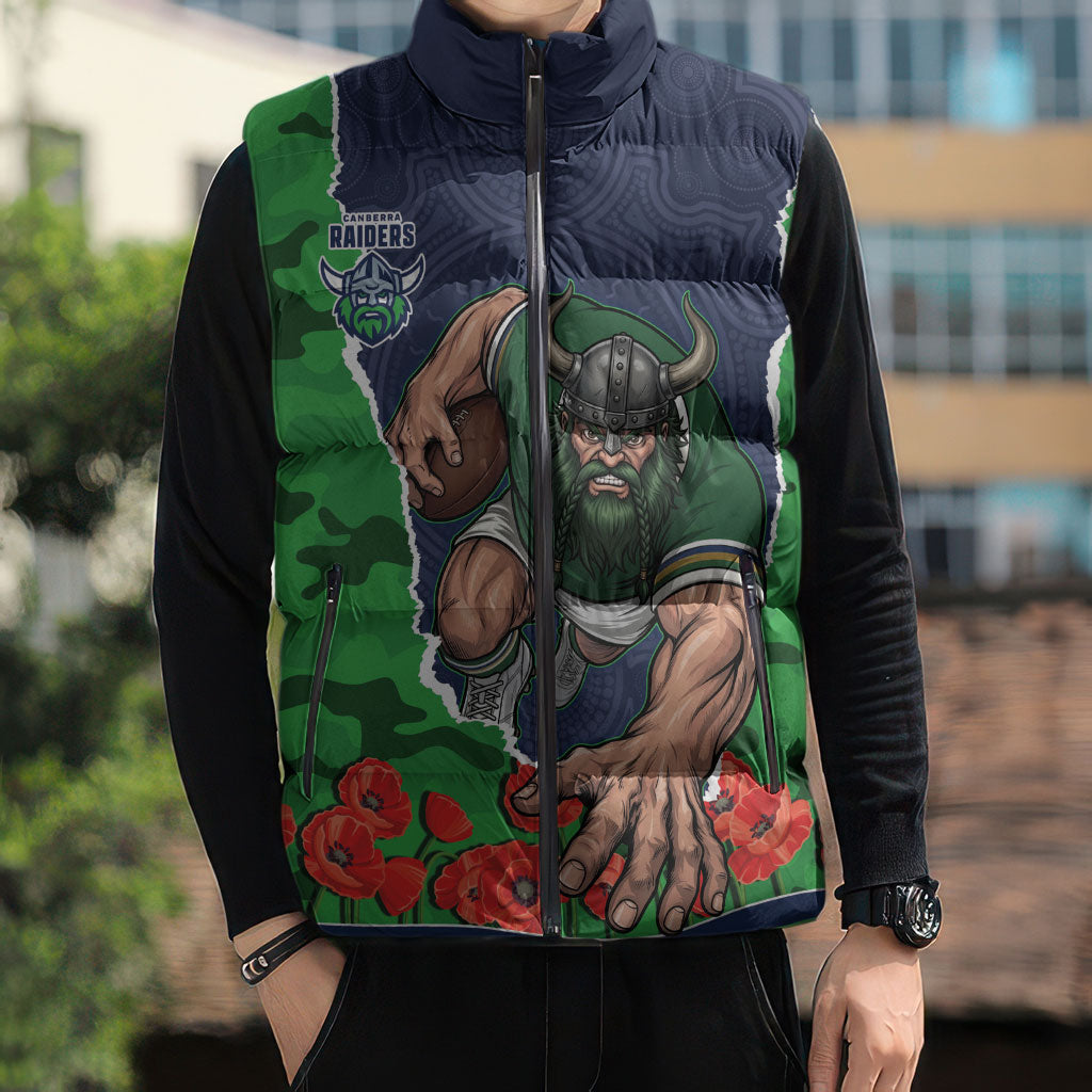Personalized Canberra Raiders ANZAC Tribute Sleeveless Puffer Jacket Poppy Field Soldier Silhouette Aboriginal Rugby Mascot