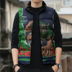 Personalized Canberra Raiders ANZAC Tribute Sleeveless Puffer Jacket Poppy Field Soldier Silhouette Aboriginal Rugby Mascot