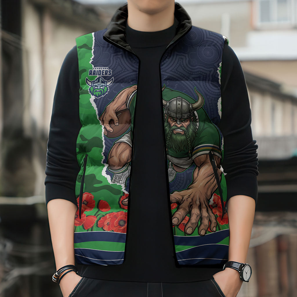 Personalized Canberra Raiders ANZAC Tribute Sleeveless Puffer Jacket Poppy Field Soldier Silhouette Aboriginal Rugby Mascot