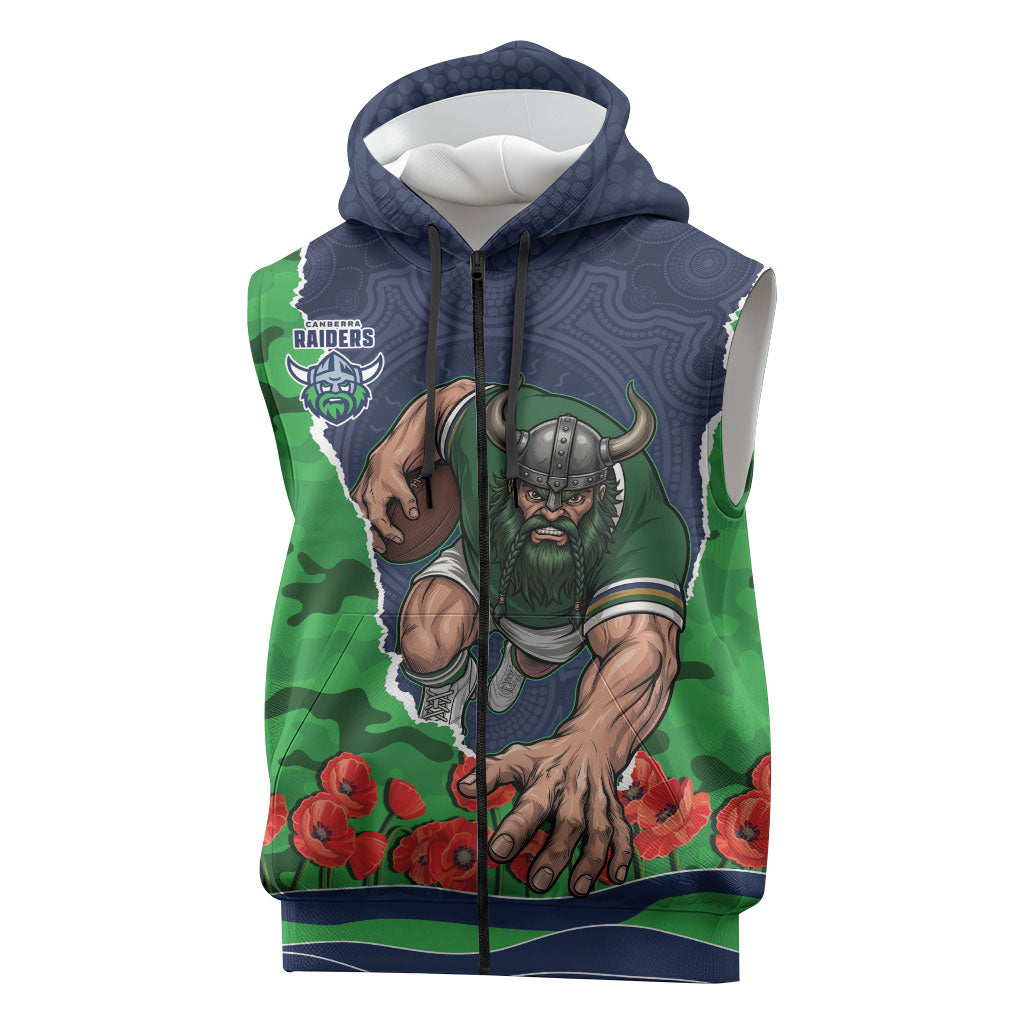 Personalized Canberra Raiders ANZAC Tribute Sleeveless Zip Hoodie Poppy Field Soldier Silhouette Aboriginal Rugby Mascot