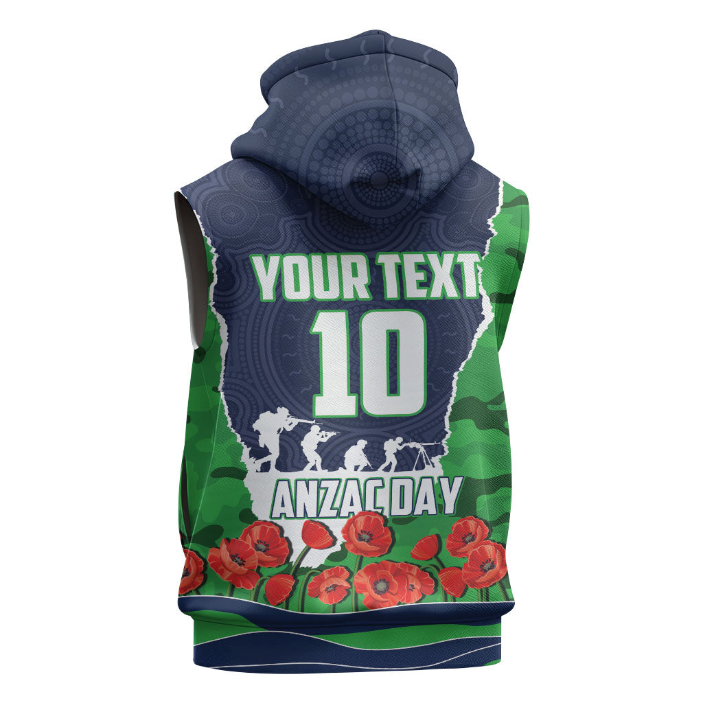 Personalized Canberra Raiders ANZAC Tribute Sleeveless Zip Hoodie Poppy Field Soldier Silhouette Aboriginal Rugby Mascot
