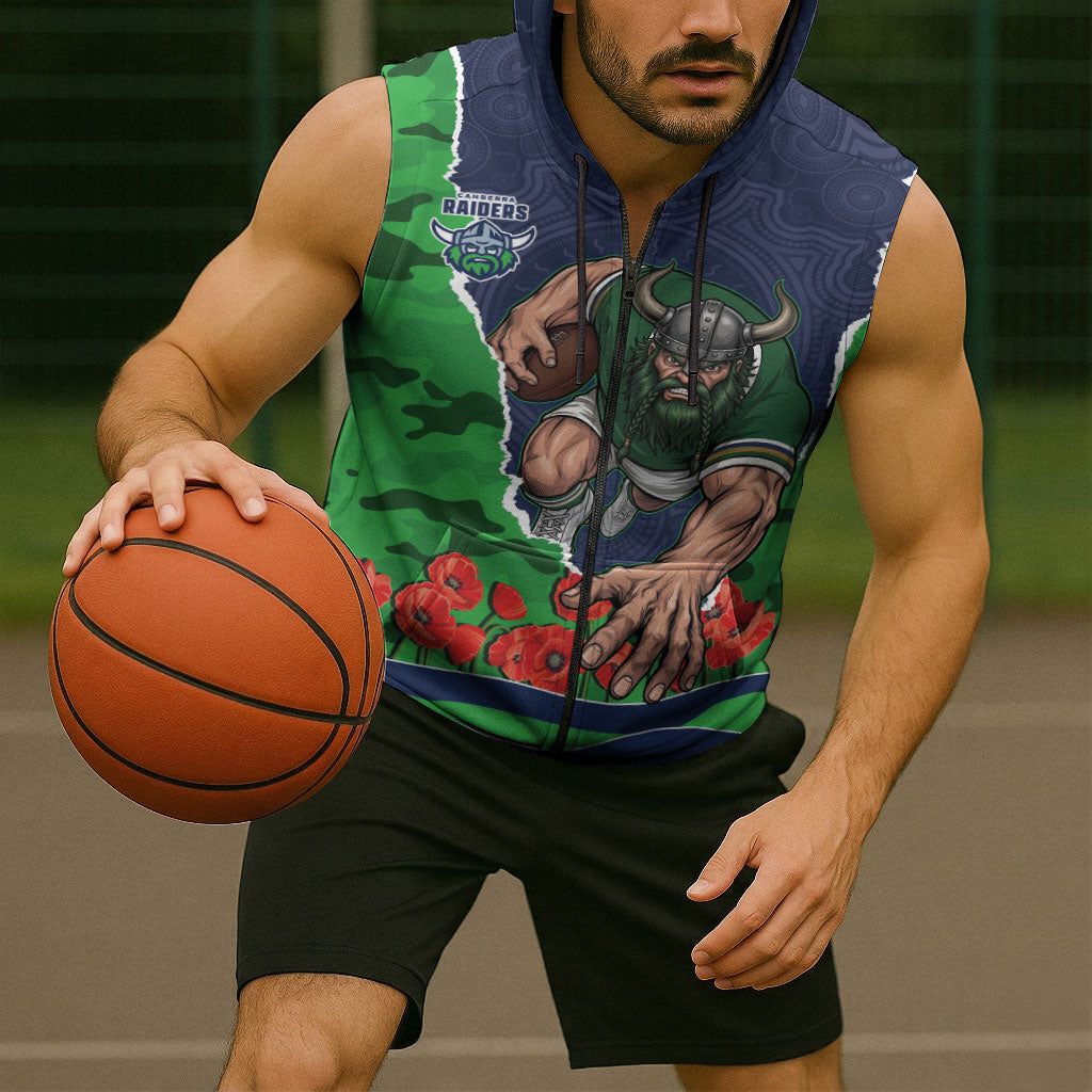 Personalized Canberra Raiders ANZAC Tribute Sleeveless Zip Hoodie Poppy Field Soldier Silhouette Aboriginal Rugby Mascot