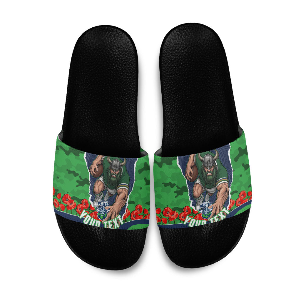 Personalized Canberra Raiders ANZAC Tribute Slide Sandals Poppy Field Soldier Silhouette Aboriginal Rugby Mascot