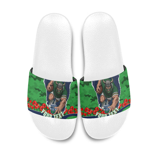 Personalized Canberra Raiders ANZAC Tribute Slide Sandals Poppy Field Soldier Silhouette Aboriginal Rugby Mascot