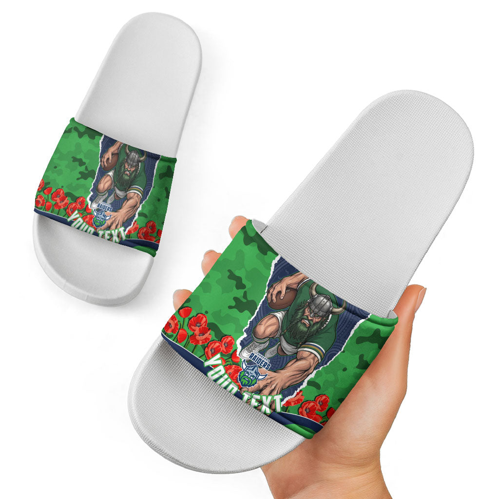 Personalized Canberra Raiders ANZAC Tribute Slide Sandals Poppy Field Soldier Silhouette Aboriginal Rugby Mascot