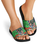 Personalized Canberra Raiders ANZAC Tribute Slide Sandals Poppy Field Soldier Silhouette Aboriginal Rugby Mascot