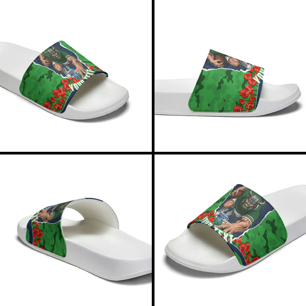 Personalized Canberra Raiders ANZAC Tribute Slide Sandals Poppy Field Soldier Silhouette Aboriginal Rugby Mascot