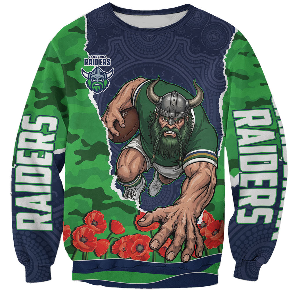 Personalized Canberra Raiders ANZAC Tribute Sweatshirt Poppy Field Soldier Silhouette Aboriginal Rugby Mascot
