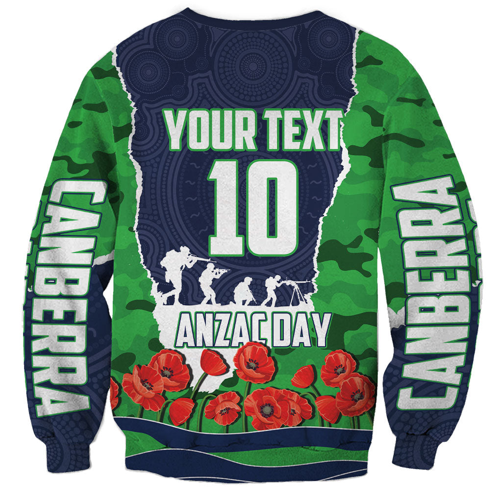 Personalized Canberra Raiders ANZAC Tribute Sweatshirt Poppy Field Soldier Silhouette Aboriginal Rugby Mascot