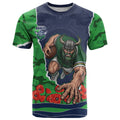 Personalized Canberra Raiders ANZAC Tribute T Shirt Poppy Field Soldier Silhouette Aboriginal Rugby Mascot