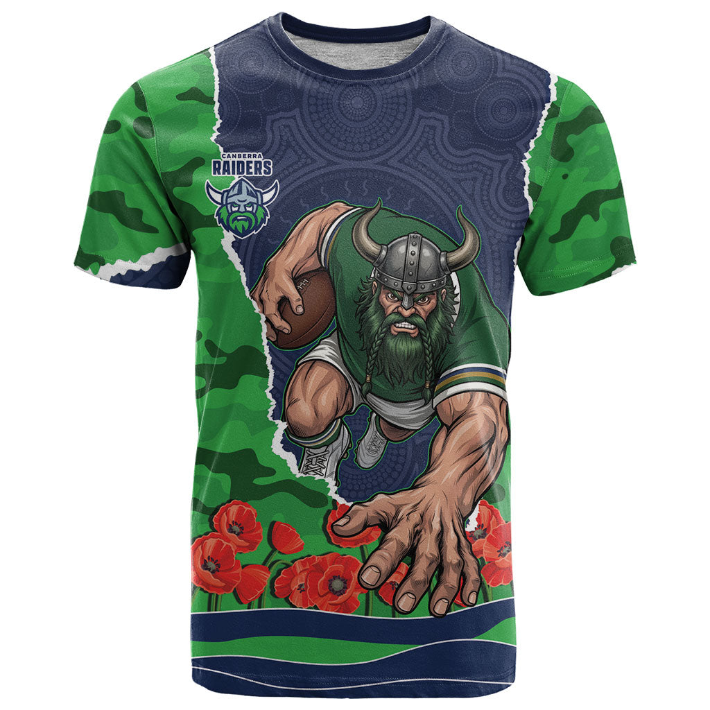 Personalized Canberra Raiders ANZAC Tribute T Shirt Poppy Field Soldier Silhouette Aboriginal Rugby Mascot
