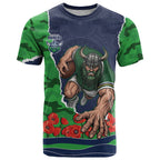 Personalized Canberra Raiders ANZAC Tribute T Shirt Poppy Field Soldier Silhouette Aboriginal Rugby Mascot