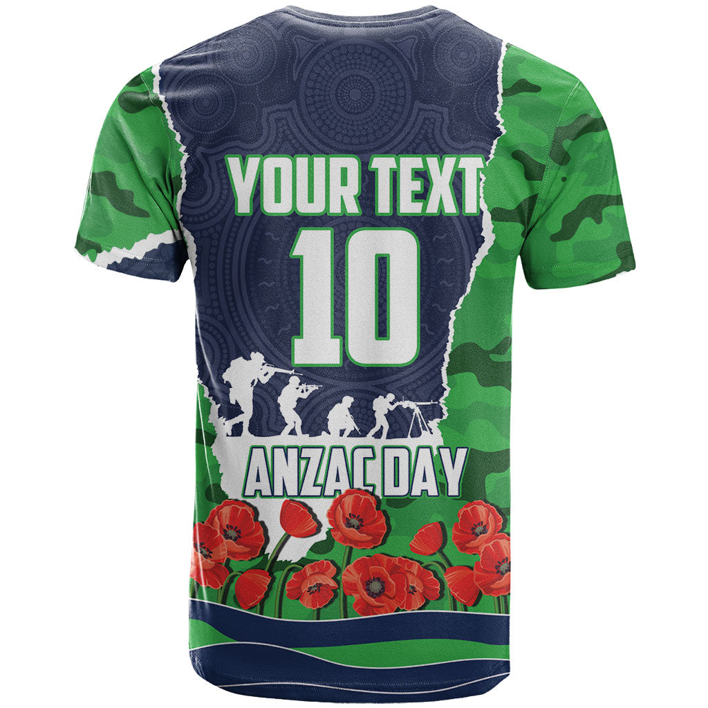 Personalized Canberra Raiders ANZAC Tribute T Shirt Poppy Field Soldier Silhouette Aboriginal Rugby Mascot