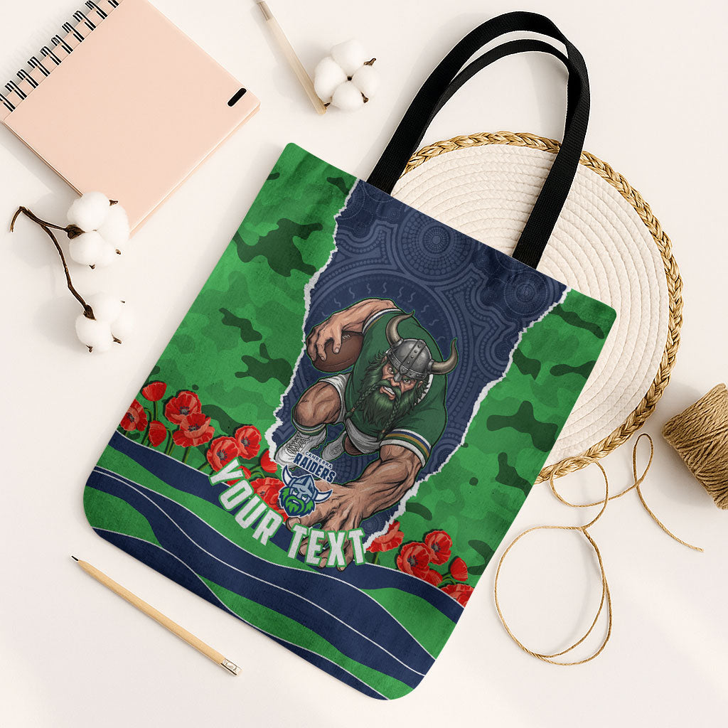 Personalized Canberra Raiders ANZAC Tribute Tote Bag Poppy Field Soldier Silhouette Aboriginal Rugby Mascot