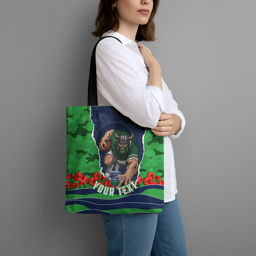 Personalized Canberra Raiders ANZAC Tribute Tote Bag Poppy Field Soldier Silhouette Aboriginal Rugby Mascot