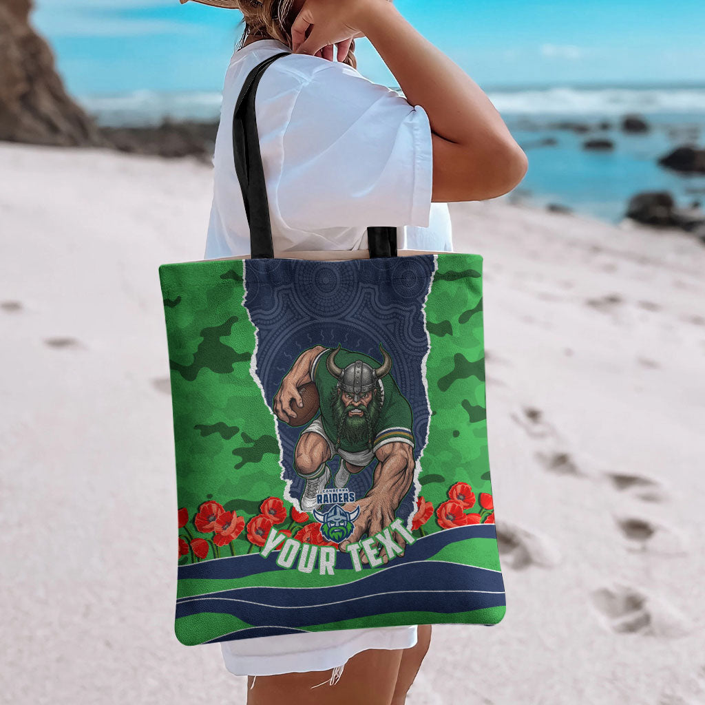 Personalized Canberra Raiders ANZAC Tribute Tote Bag Poppy Field Soldier Silhouette Aboriginal Rugby Mascot