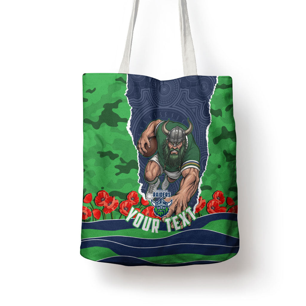 Personalized Canberra Raiders ANZAC Tribute Tote Bag Poppy Field Soldier Silhouette Aboriginal Rugby Mascot