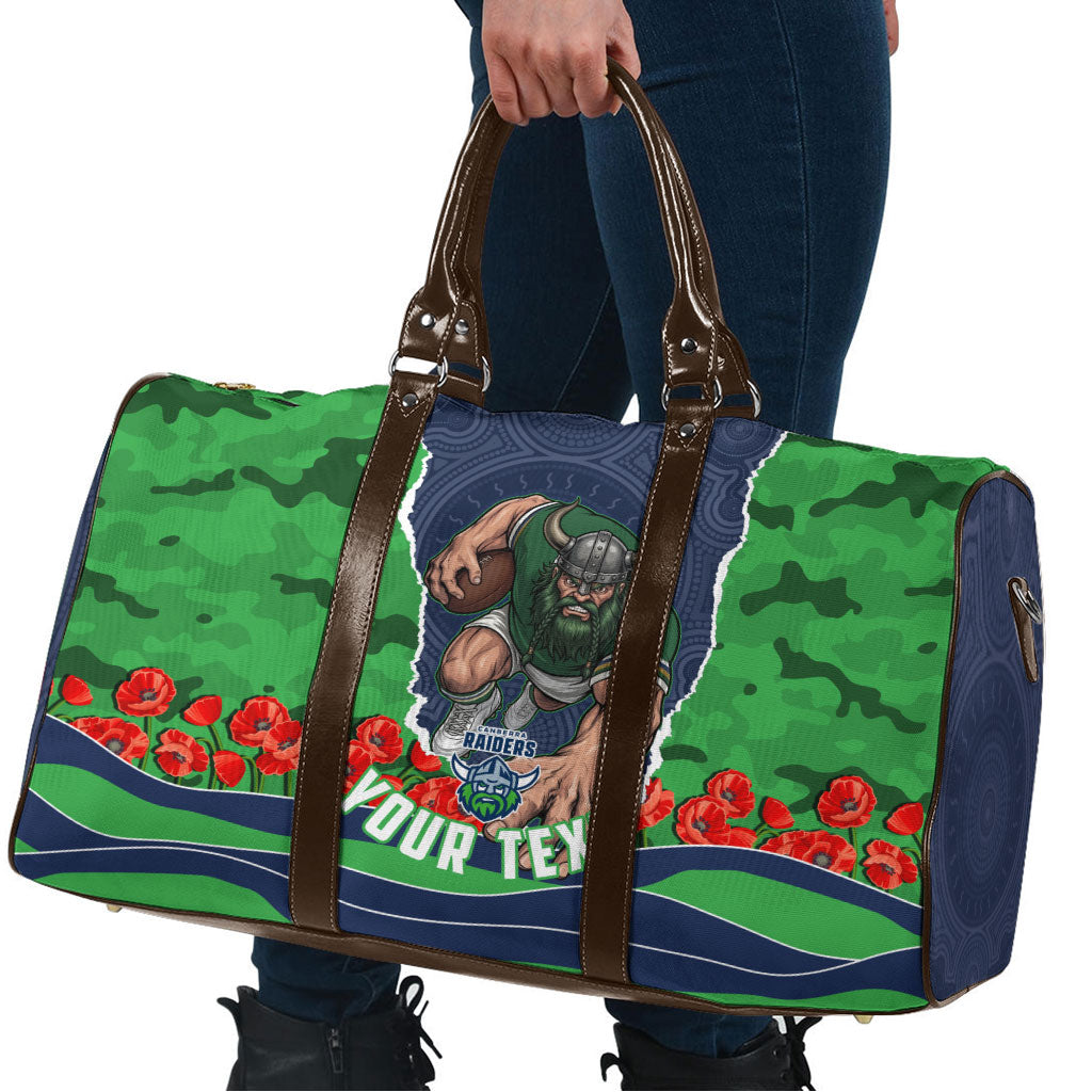 Personalized Canberra Raiders ANZAC Tribute Travel Bag Poppy Field Soldier Silhouette Aboriginal Rugby Mascot