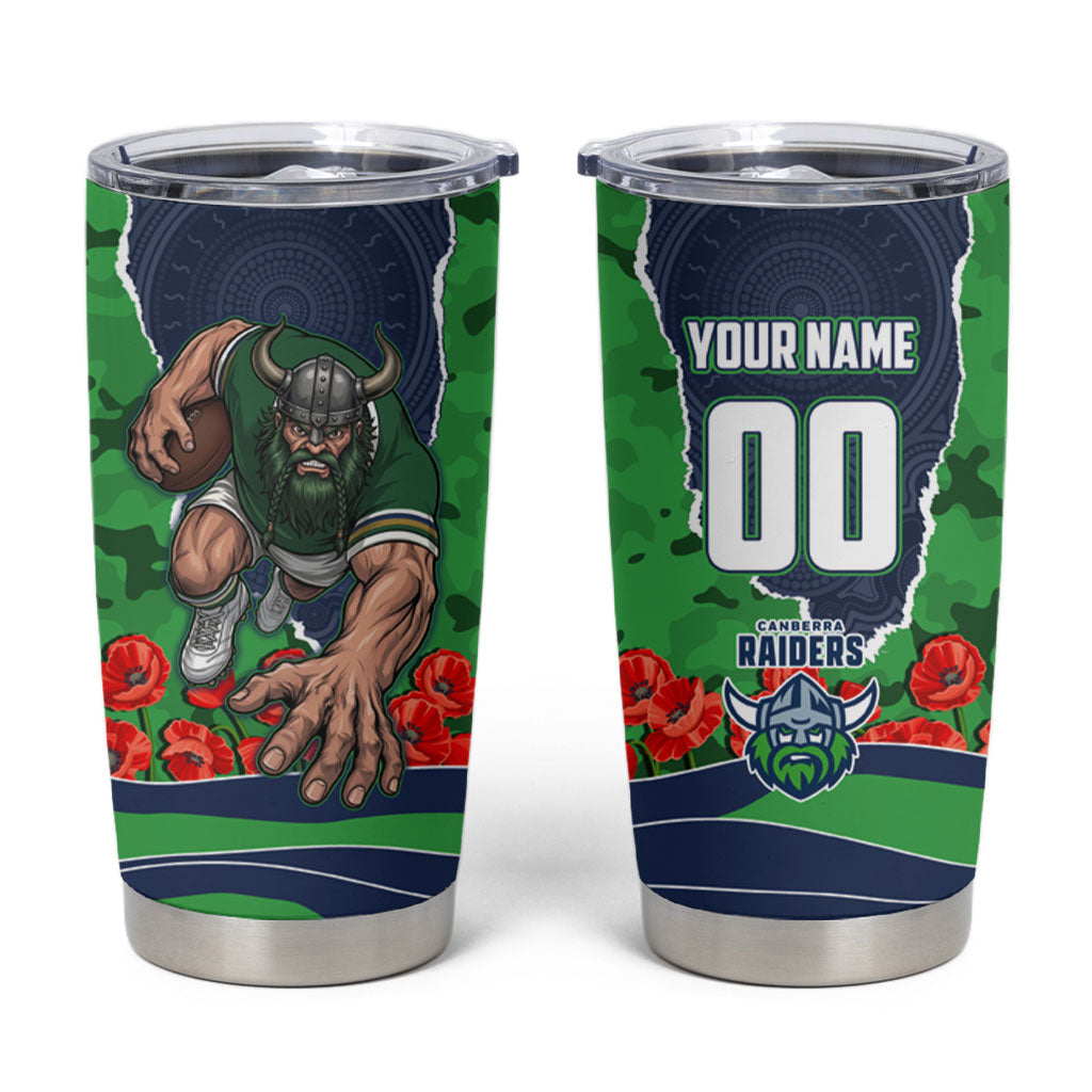 Personalized Canberra Raiders ANZAC Tribute Tumbler Cup Poppy Field Soldier Silhouette Aboriginal Rugby Mascot