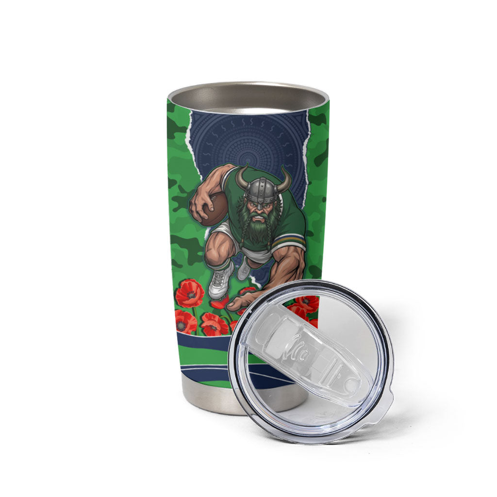 Personalized Canberra Raiders ANZAC Tribute Tumbler Cup Poppy Field Soldier Silhouette Aboriginal Rugby Mascot