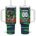 Personalized Canberra Raiders ANZAC Tribute Tumbler With Handle Poppy Field Soldier Silhouette Aboriginal Rugby Mascot